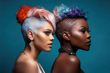 Multiethnic beauty portrait of two mixed race fashion women with creative hairstyles and makeup on blue studio background, different nation, multiracial friends concept, AI Generatedの素材