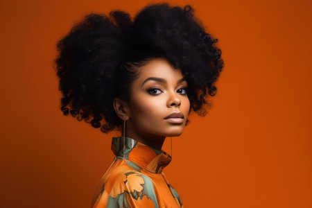 Young beauty stylish african american woman on a orange background, closeup portrait of black girl with beautiful makeup and hairstyle, AI Generatedの素材