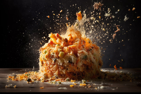Explosion of taste, food explodes and scatters, cooking concept, AI Generated illustrationの素材