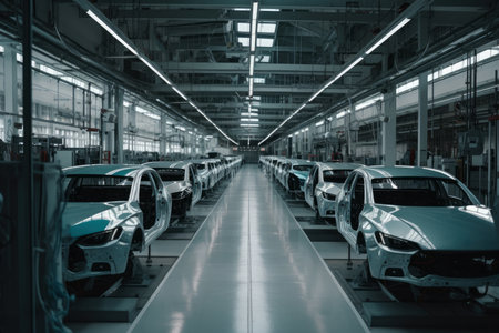 Automated conveyor line for car assembly, futuristic concept, AI Generated illustrationの素材