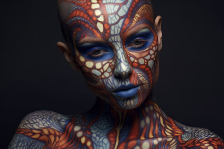 Colorful artistic portrait of a young beautiful woman with makeup, face art and tattoo on black background, AI Generated illustrationの素材