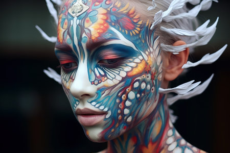 Colorful artistic portrait of a young beautiful woman with makeup, face art and tattoo on black background, AI Generated illustrationの素材