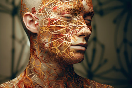 Colorful artistic portrait of a young man with face art and tattoo, AI Generated illustrationの素材