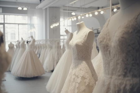 Beautiful wedding dress of the bride in a luxurious interior, AI Generated illustrationの素材