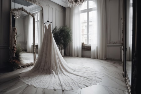 Beautiful wedding dress of the bride in a luxurious interior, AI Generated illustrationの素材