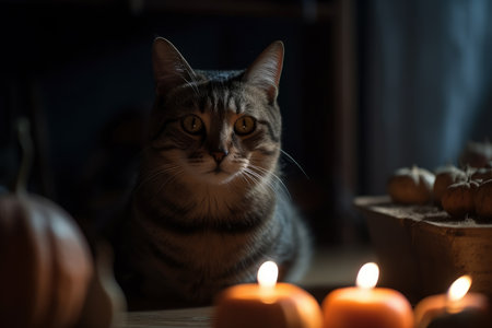 Halloween pumpkin and cat, AI Generated illustrationの素材