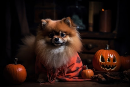 Halloween pumpkin jack o lantern and pomeranian spitz, AI Generated illustrationの素材
