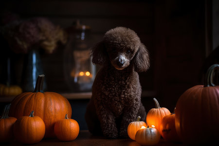 Halloween pumpkin jack o lantern and poodle, AI Generated illustrationの素材