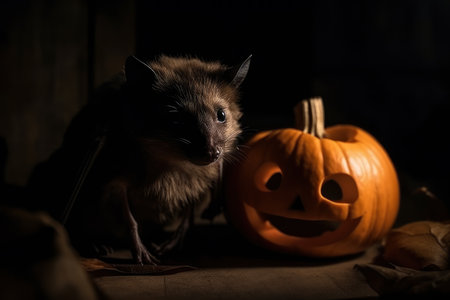 Halloween pumpkin jack o lantern and bat, AI Generated illustrationの素材