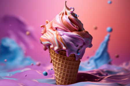 Delicious creamy icecream, ice cream scoops in waffle cones on pink background, AI Generated illustrationの素材