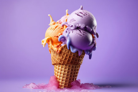 Delicious creamy icecream, ice cream scoops in waffle cones on purple background, AI Generated illustrationの素材