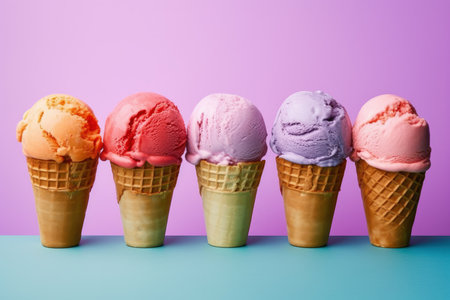 Delicious creamy icecream, ice cream scoops in waffle cones, AI Generated illustrationの素材