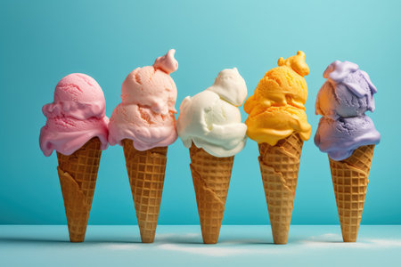 Delicious creamy icecream, ice cream scoops in waffle cones on blue background, AI Generated illustrationの素材