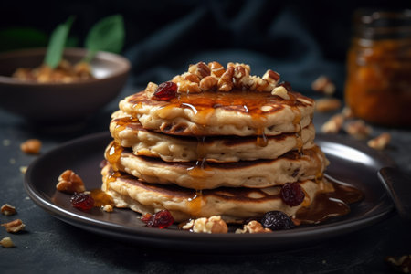 Delicious pancakes with jam and fruit, AI Generated illustrationの素材