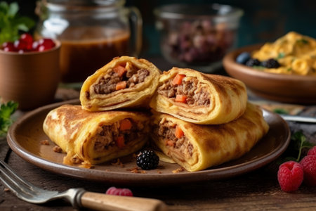 Delicious pancakes with meat, AI Generated illustrationの素材