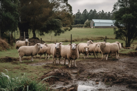 A flock of sheep grazing in a field in the countryside, AI Generated illustrationの素材