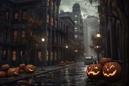 Creepy city street decorated for Halloween, AI Generated illustrationの素材