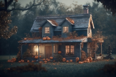 Old scary house decorated with pumpkins for Halloween, AI Generated illustrationの素材