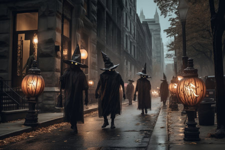 Creepy city street decorated for Halloween, AI Generated illustrationの素材