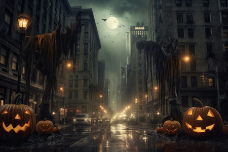 Home interior decorated with Halloween pumpkins, AI Generated illustrationの素材