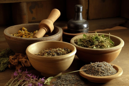 Various dried spices and herbs on a wooden table, AI Generated illustrationの素材