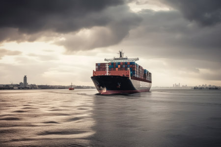 A large sea container ship delivers a combined cargo, AI Generated illustrationの素材