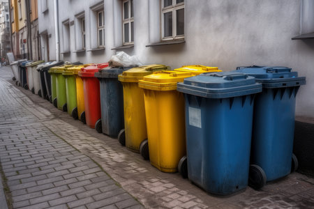 Multi-colored garbage containers on the city street, recycling and separate waste collection concept, AI Generated illustrationの素材