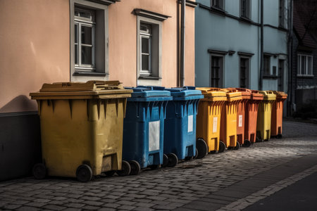 Multi-colored garbage containers on the city street, recycling and separate waste collection concept, AI Generated illustrationの素材