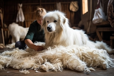 Haircut of a long-haired purebred dog in the groomer's salon, AI Generated illustrationの素材