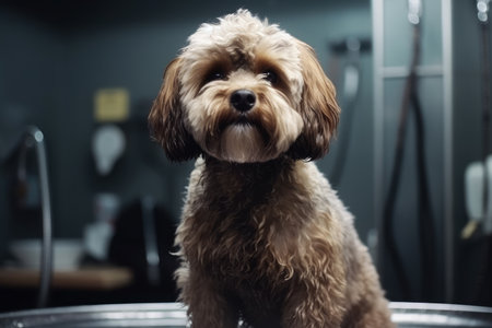 Close-up portrait of a cute poodle during grooming, AI Generated illustrationの素材
