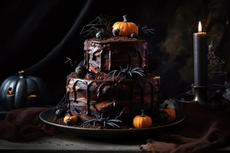 Spooky Halloween cake decorated with spiders and pumpkins on dark background, AI Generated illustrationの素材