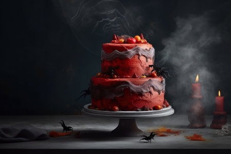 Spooky Halloween cake decorated with spiders and pumpkins on dark background, AI Generated illustrationの素材