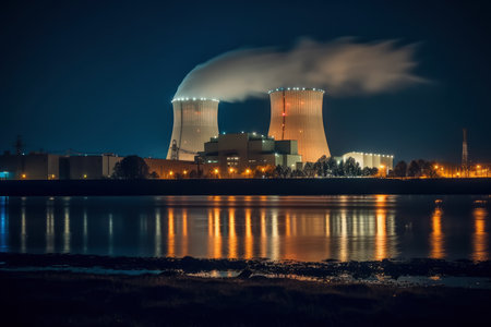 Nuclear power plant and cooling towers, AI Generated illustrationの素材