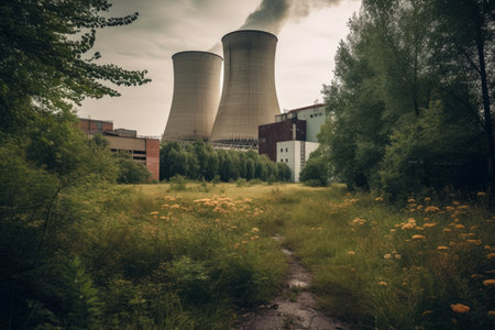 Nuclear power plant and cooling towers, AI Generated illustrationの素材
