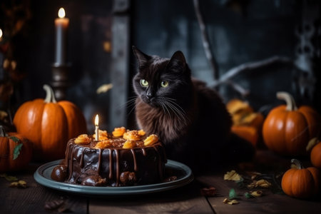 Spooky Halloween cake decorated with black cat and pumpkins on dark background, AI Generated illustrationの素材