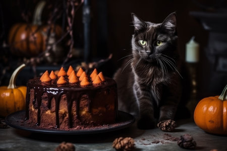 Spooky Halloween cake decorated with black cat and pumpkins on dark background, AI Generated illustrationの素材
