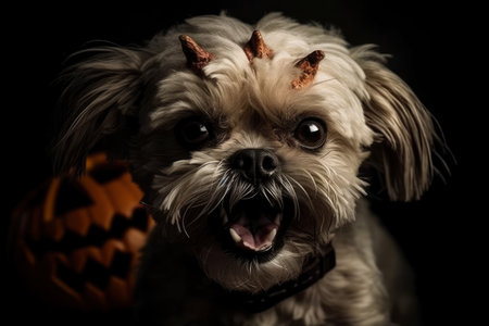 Angry growing dog with horns and fangs, scary Halloween concept with pets, AI Generated illustrationの素材