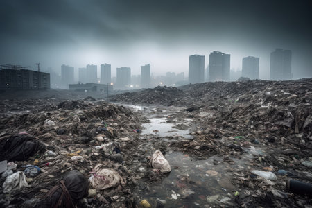 Huge garbage dump on the outskirts of the metropolis of the future, the concept of environmental protection, AI Generated illustrationの素材