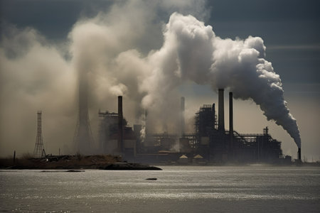 Environmental pollution, a large industrial enterprise pollutes the air with emissions into the atmosphere, AI Generated illustrationの素材