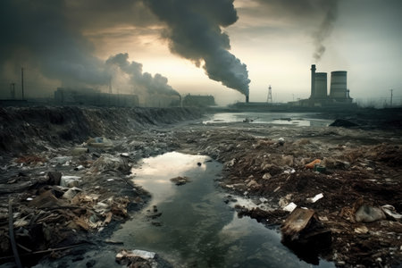 Environmental pollution, a large industrial enterprise pollutes the air with emissions into the atmosphere, AI Generated illustrationの素材
