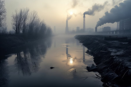 Environmental pollution, a large industrial enterprise pollutes the air with emissions into the atmosphere, AI Generated illustrationの素材