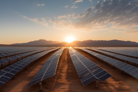 Large solar power plant in the desert, renewable solar energy, AI Generated illustrationの素材