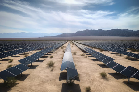Large solar power plant in the desert, renewable solar energy, AI Generated illustrationの素材