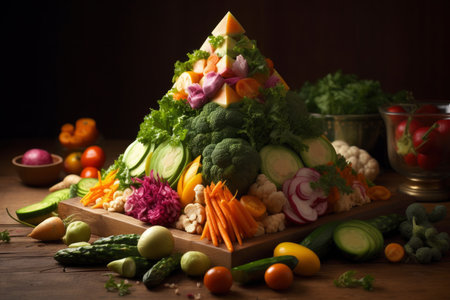 Big pyramid of different fresh vegetables, healthy eating concept, AI Generated illustrationの素材