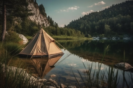 Hiking tent on the lake shore, beautiful landscape, AI Generated illustrationの素材