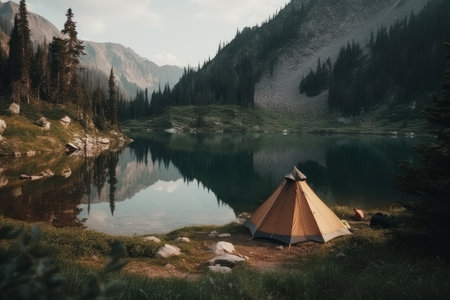 Hiking tent on the lake shore, beautiful landscape, AI Generated illustrationの素材