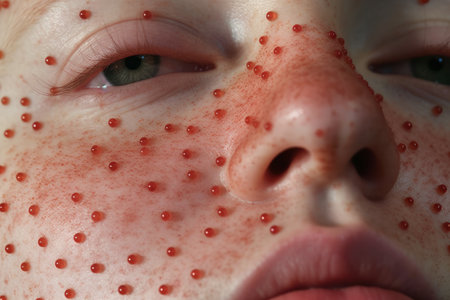 Infectious or viral skin disease, red pimples, blisters, rash and inflammation on the face closeup, treatment of chickenpox, AI Generated illustrationの素材