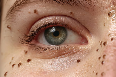Infectious or viral skin disease, red pimples, blisters, rash and inflammation on the face closeup, treatment of chickenpox, AI Generated illustrationの素材