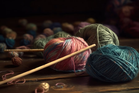Multicolored yarn for knitting and needles, needlework and creativity concept, AI Generated illustrationの素材
