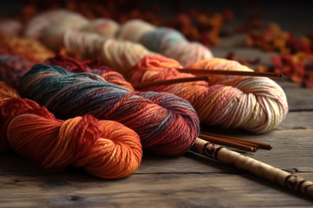 Multicolored yarn for knitting and needles, needlework and creativity concept, AI Generated illustrationの素材